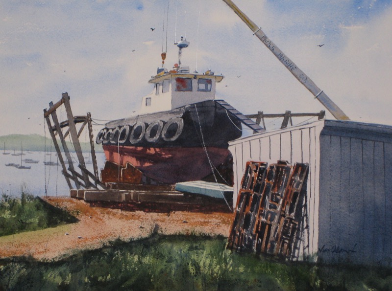landscape, seascape, boat, tug, dry dock, rockland, maine, original watercolor painting, oberst